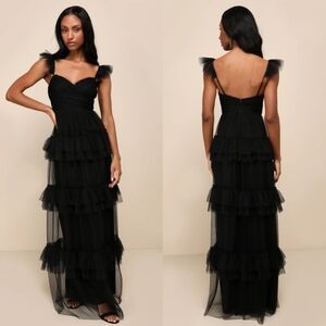 Lulus Pure Radiance Black Mesh Swiss Dot Tiered Maxi Dress M Wedding Party Event